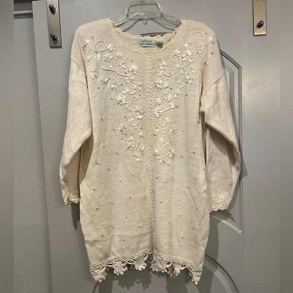 Vintage Sweaters - Vintage Cream Floral ribbon Embroidered and pearl beaded tunic style Sweater.